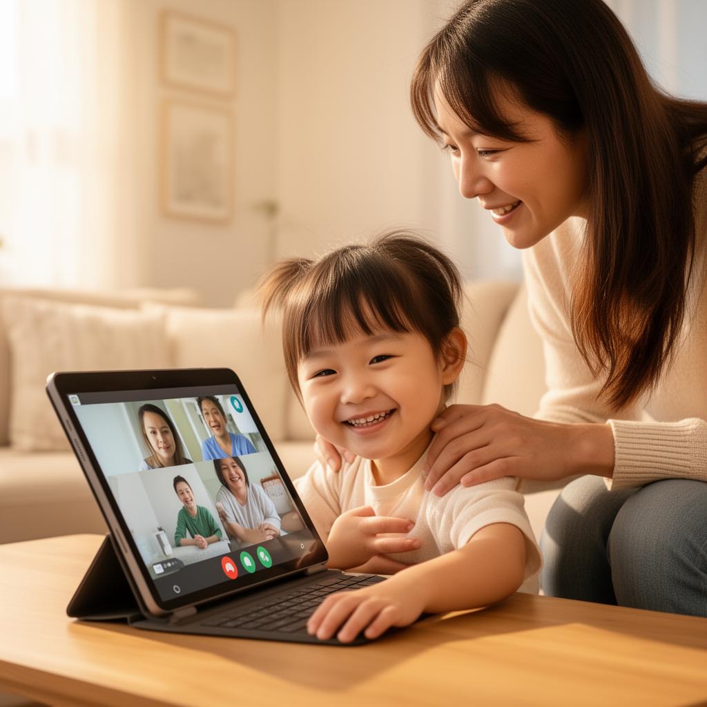 Child smiling during an online speech therapy session at home